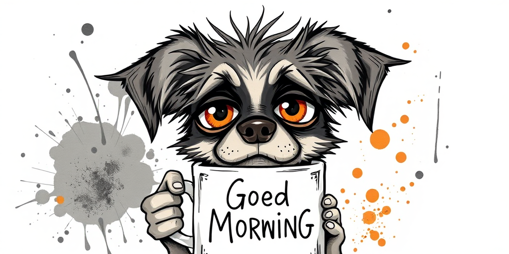 A quirky, artistic illustration of a disheveled cirneco delletna with exaggerated, large eyes and spiky fur, holding a coffee mug that reads "Good Morning". The dog has a tired but humorous expression, with ink splatters and abstract details surrounding it, giving a whimsical feel to the image. The color palette is mostly monochrome with hints of orange in the eyes and steam rising from the mug, enhancing the overall sleepy vibe