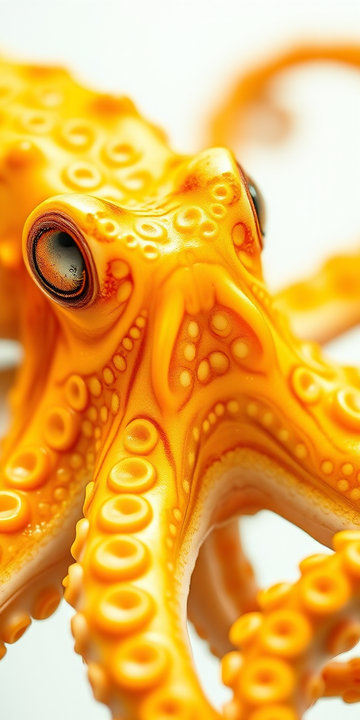 Create a high-resolution illustration of a detailed golden octopus with intricate patterns on its skin, shot with a macro lens at f/2.8 aperture to achieve a shallow depth of field, using a DSLR camera in natural light for vibrant color reproduction and clarity.