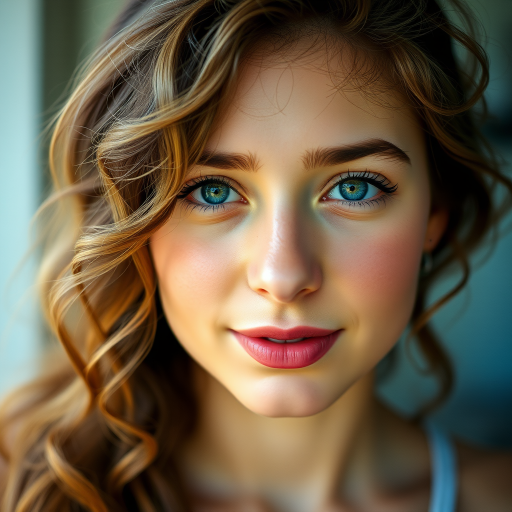 Portrait of a young woman with soft curls and a gentle expression, natural lighting, camera settings: aperture f/2.8, ISO 100, shutter speed 1/125s, camera view: close-up, camera style: portrait photography, camera type: DSLR.