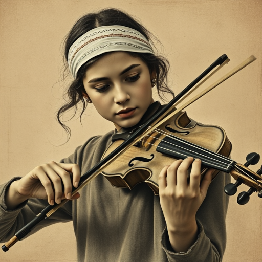a young Turkish woman with a white headband playing a violin, in the style of a charcoal drawing, sepia grunge background