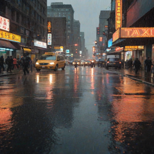 Blurry, action-packed image of a city street during a rainstorm, pedestrians with umbrellas rushing by, a taxi splashing through a puddle, reflections of neon signs and traffic lights on the wet pavement, street vendors huddling under awnings, distant thunderclouds looming in the sky above.