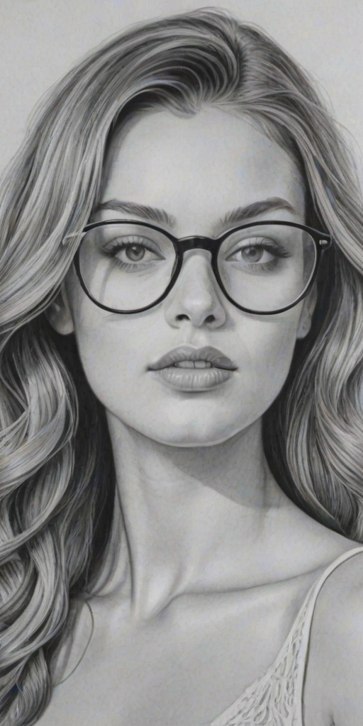 Elegant Lili Simmons, pencil sketch, portrait of Captivating woman 1965s in glasses, hair style beatnik, outline, clear lines, fine lines, 8k