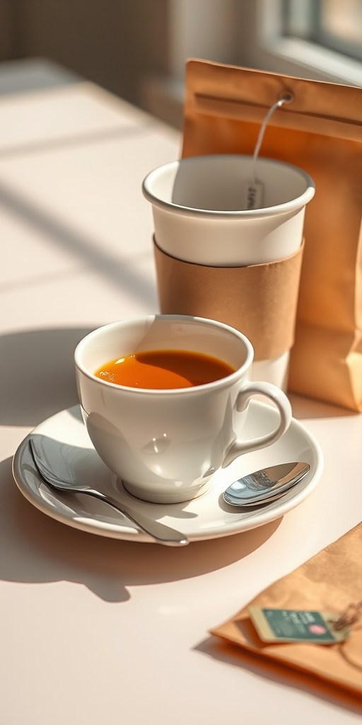Create a high-resolution illustration of a ceramic tea cup on a saucer, a silver spoon beside it, a takeout coffee cup with a cardboard sleeve, and a brown paper bag with a tea bag hanging out, capture in soft natural light, using a Canon EOS 5D Mark IV with a 50mm lens, aperture f/2.8, ISO 100, and a shallow depth of field for a refined look.