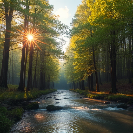 Create an image of a serene, sunlit forest scene with a clear, gently flowing river. Tall trees with lush green foliage line both sides of the river, their leaves bathed in the warm golden light of the setting or rising sun. The sunlight filters through the trees, casting soft, dappled light on the river, which flows over smooth rocks and pebbles, creating a peaceful, natural atmosphere. The sky is bright with a few scattered clouds, and the overall mood is tranquil, evoking a deep sense of connection with nature. The image captures the beauty of a calm, pristine forest landscape at either dawn or dusk.