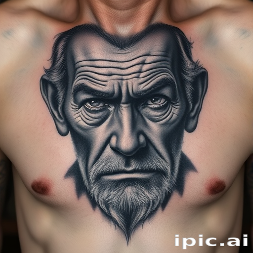 Realistic grayscale portrait tattoo of a wise elderly face with deep wrinkles and piercing eyes, expertly shaded to capture every detail and emotion, placed on the chest as a powerful statement piece