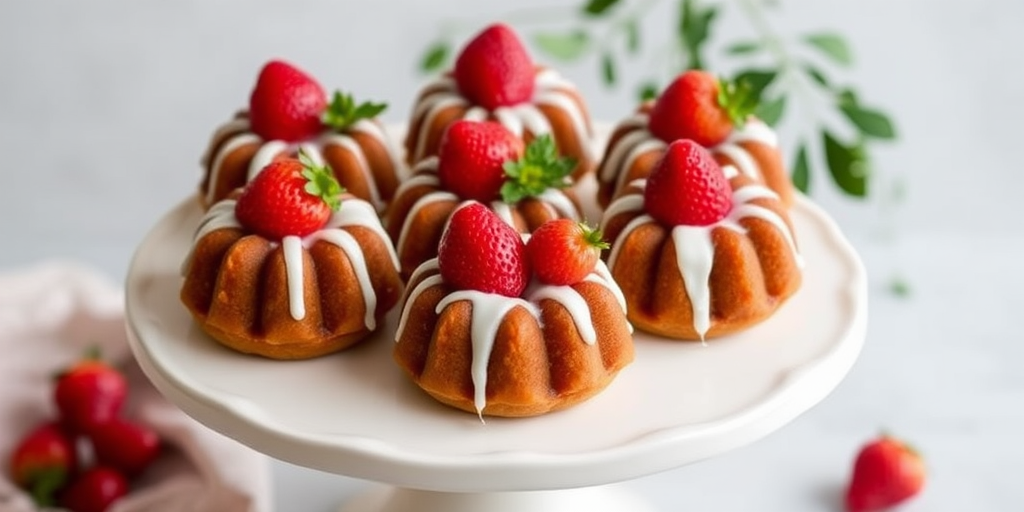 A beautifully arranged display of mini bundt cakes topped with fresh strawberries and drizzled with white icing on a white cake stand with a soft, neutral background and a hint of greenery.