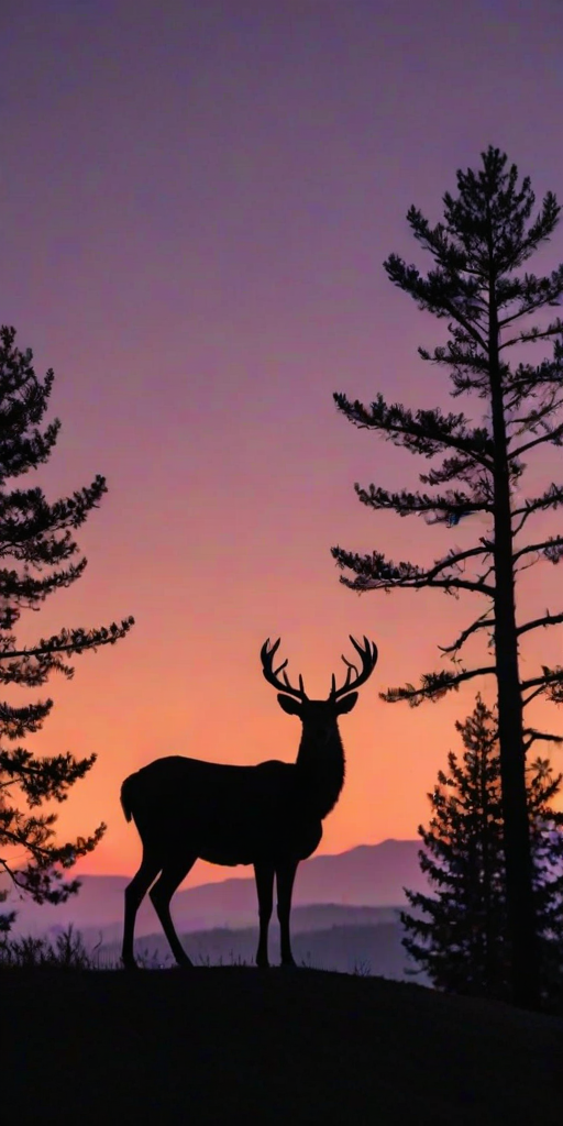 create a minimalist black silhouette of a deer standing on a hill with trees in the background during sunset with a gradient sky transitioning from orange to purple