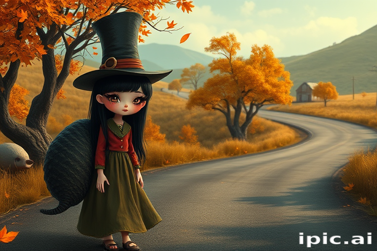 digital art fantasy depicting a strange girl with black hair, long eyelashes, orange lipstick and a tall hat walking along a winding road on an autumn afternoon, an armadillo smiles as he passes