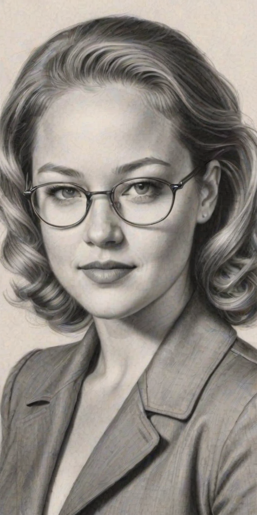 Splendid Erika Christensen, pencil sketch, portrait of Delightful woman 1940s in glasses, hair style beatnik, outline, clear lines, fine lines, 8k