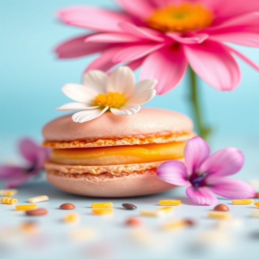 macaron and flower composition, soft focus, warm light, aperture f/2.8, ISO 200, shutter speed 1/60s, 50mm lens, shallow depth of field, macro photography, placed against a light blue background, vibrant colors and textures