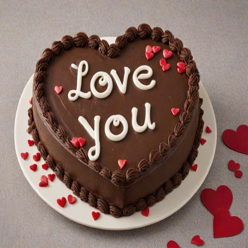 Create an image of a heart-shaped chocolate cake with the words "Love You" written on top. The cake should be decorated with intricate chocolate frosting swirls and small chocolate chips scattered around. The overall presentation should be elegant and inviting, set against a simple background.