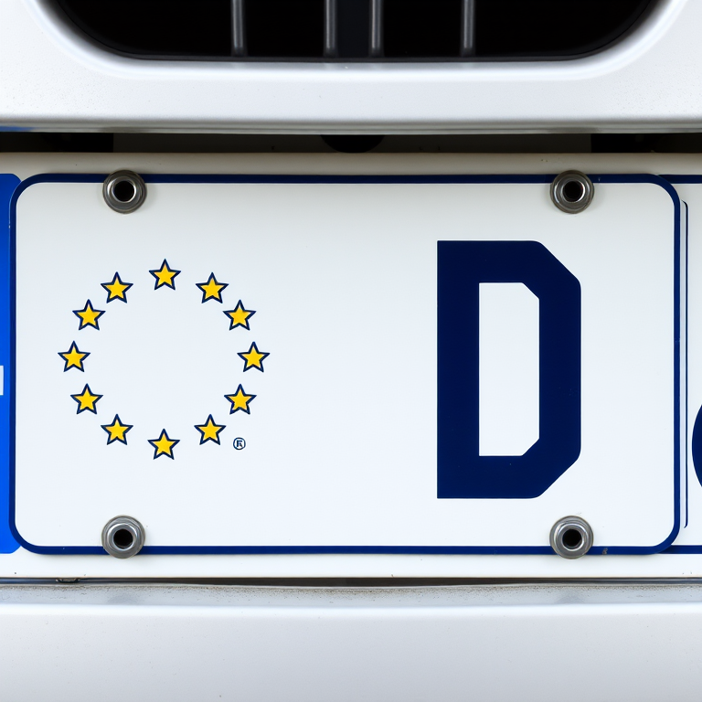Create an image of a blank European license plate with a blue left side featuring a circle of stars and the letter D, shot with a DSLR camera, aperture f/8, 50mm lens, focusing on clarity and detail, bright lighting.
