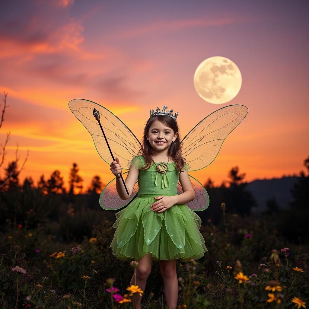 A vivid photo  taken under a bright camera flash of a fantastical scene set against a backdrop of a forest during sunset. The main subject is a girl dressed as a fairy, adorned with translucent wings and a green dress, holding a wand, her face is happy, and she wears a crown on her head. The forest behind her is a blend of flowers, shrubs and trees. The sky is painted in hues of orange and pink, with a large, glowing moon casting a warm glow over the scene. The overall color palette is dominated by earthy tones.