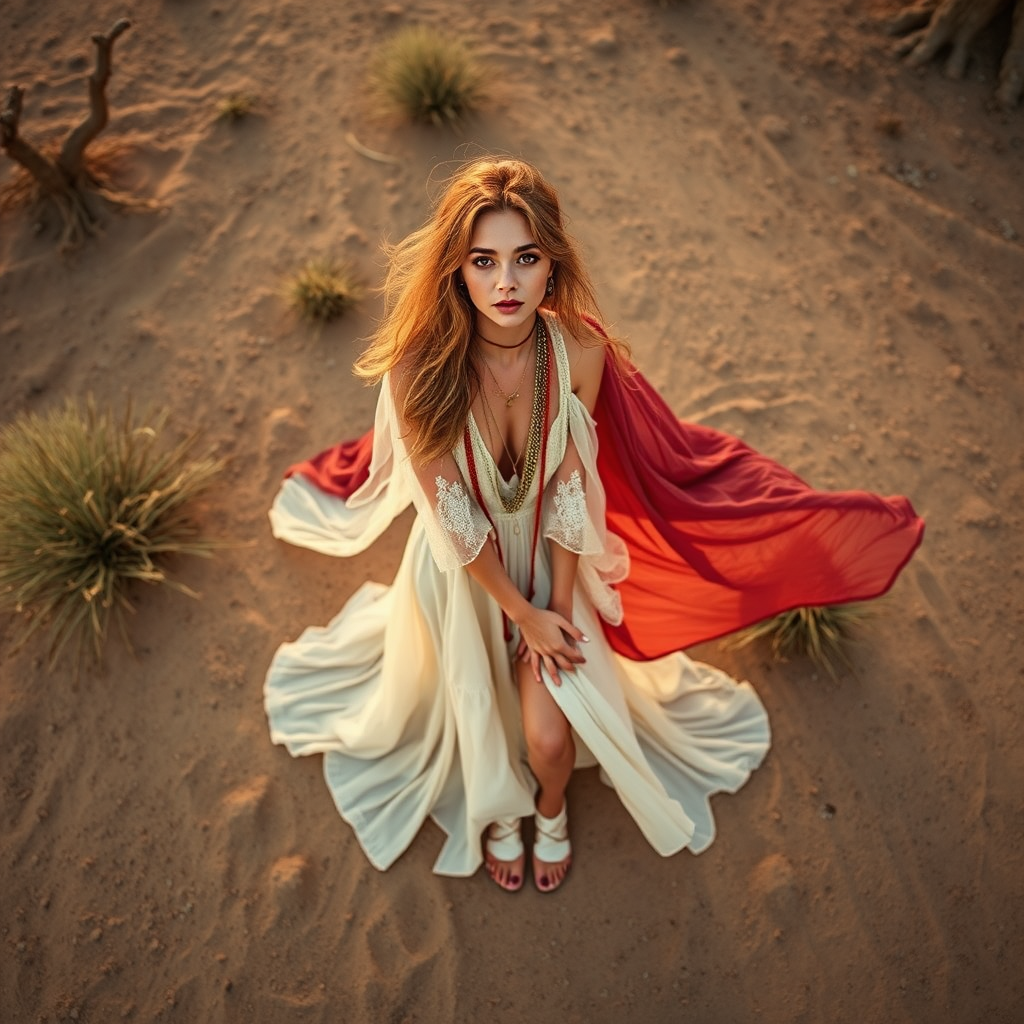 Desert setting, bohemian model, flowy dresses, earthy tones, rustic sunset effect,  equipped with a 12mm lens to capture an overhead view of the model, emphasizing symmetry and spatial positioning