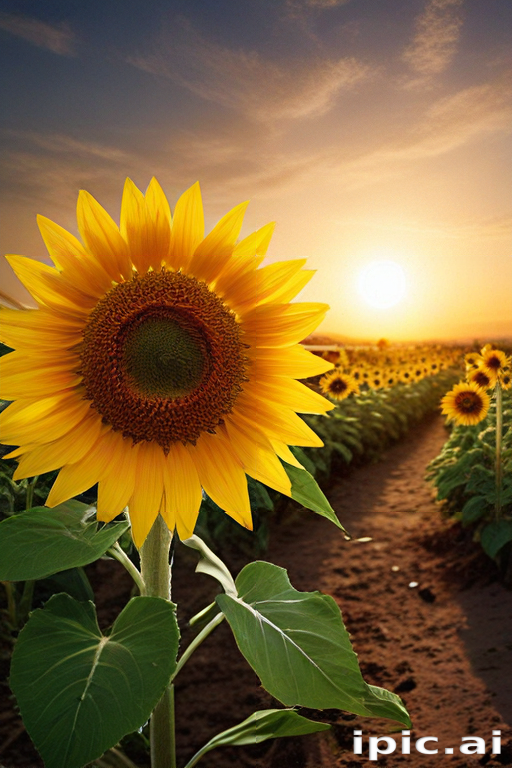 Vibrant Sunflower Field at Sunset with Golden Sky and Blossoms