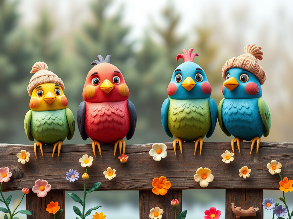 create a scene of 4 quirky  whimsical colourful comical birds each with a funny expression. they are sat on a wooden fence with colourful flowers. they are all different sizes. each one is a different colour  one is wearing a woolly hat. Each one has a different quirky google expression and there is a muted background of trees watercolour paintierly style high definition 8k resolution 3D paper mache