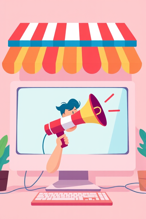 Create an illustration of a person shouting into a megaphone in front of a large computer monitor with a striped awning, use a vibrant color palette, and apply a flat design style, camera settings 35mm lens, aperture f/5.6, ISO 100, shoot from a slightly low angle to enhance perspective.