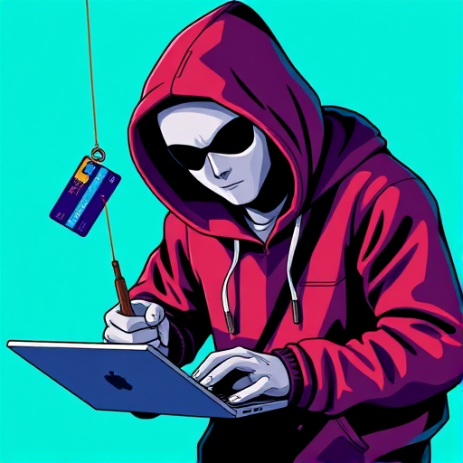 Create a vector illustration of a hacker in a hoodie fishing for a credit card that is dangling from a laptop, set on a bright turquoise background, using a high-resolution digital camera, with a 50mm lens at f/1.8 aperture, ISO 100, and a slight vignette effect for depth.