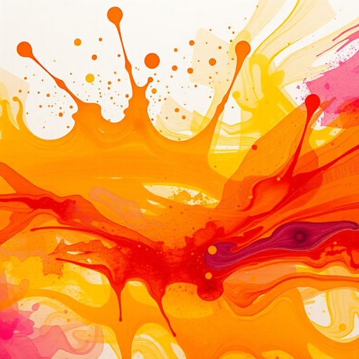 create an abstract painting with vibrant hues of orange, pink, and yellow blending smoothly, featuring splashes of color and a sense of movement, shot with a Canon EOS R5 at 50mm f/1.8, aperture priority mode, ISO 100, soft focus to enhance visual depth and texture