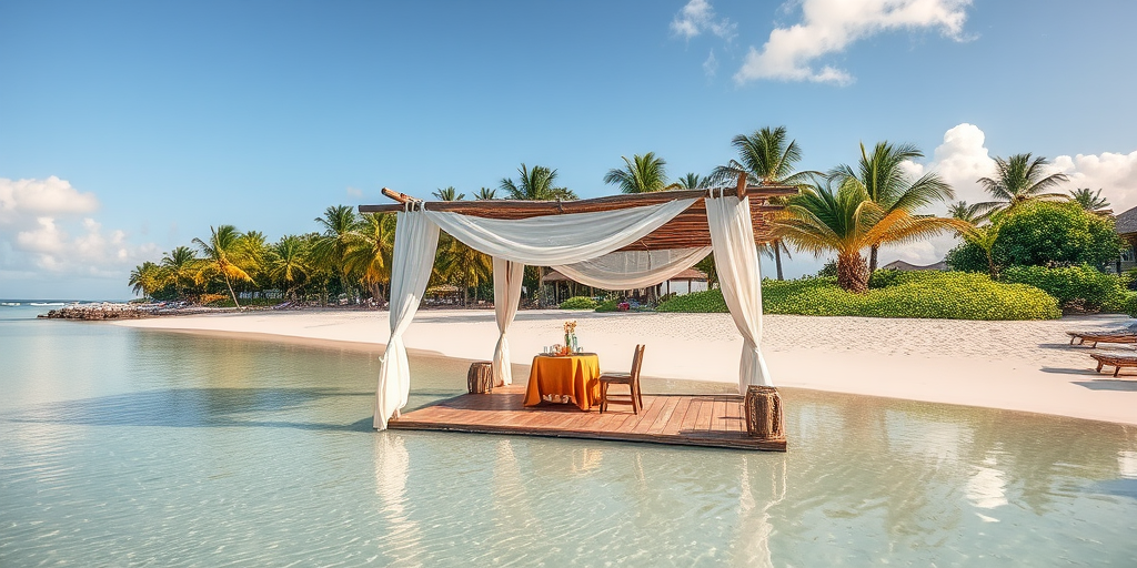 Create a picturesque tropical beach scene featuring a serene, white sandy shore. In the foreground, there's a rustic wooden canopy with white drapes gently flowing in the breeze. Underneath the canopy, a table is set with tropical decor, evoking a sense of relaxation and leisure. The beach extends into a calm, shallow water area with reflections of the sky and surroundings. Palm trees and lush greenery line the edge of the beach, providing a natural, tropical backdrop. The sky is clear with a few scattered clouds, and the overall atmosphere is tranquil and inviting, perfect for a peaceful retreat.