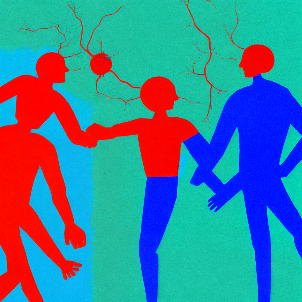 red man and blue man play tug of war with a neuron
