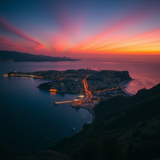 sunset over a coastal city with vibrant lights reflecting on the water, taken with a Canon EOS R5, 24mm lens, f/8 aperture, ISO 100, 1/60 sec, HDR photography style, landscape orientation