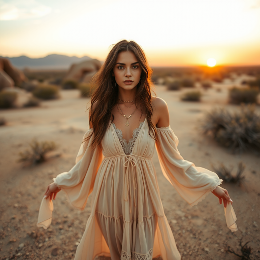 Desert setting, bohemian model, flowy dresses, earthy tones, rustic sunset effect,  equipped with a 12mm lens to capture an overhead view of the model, emphasizing symmetry and spatial positioning