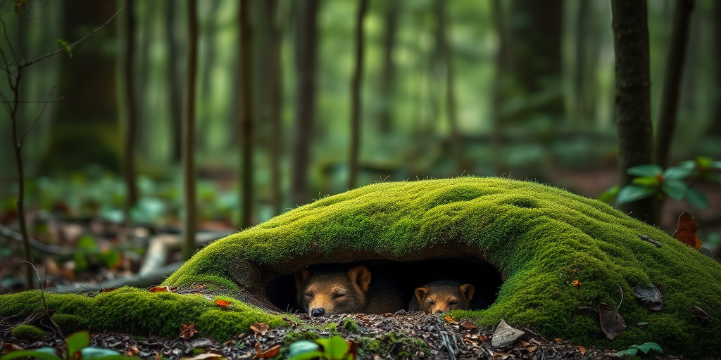 A serene forest scene featuring a moss-covered den with a sleeping animal in the foreground, captured with a Canon EOS 5D Mark IV, 50mm lens, f/2.8 aperture, ISO 400, shutter speed 1/125s, natural light, shallow depth of field for a soft bokeh effect.