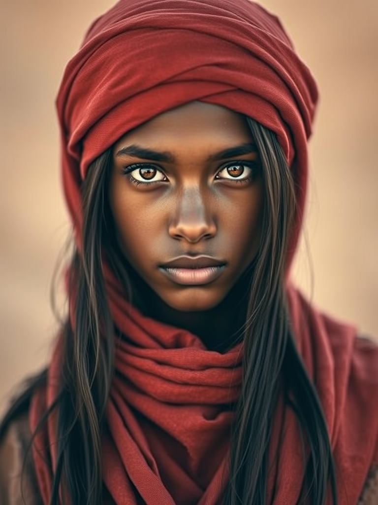 Create a portrait of a young Tuareg male with long, dark hair and captivating hazel eyes. She is wearing a red headscarf and a matching scarf draped gracefully around her neck. The background is softly blurred, focusing attention on her serene and natural expression. The overall color palette is muted and warm, enhancing the intimate and authentic feel of the portrait.