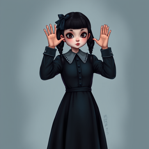 Digital art, full height portrait of Wednesday Addams, standing up with her hands in the air as if in a hold-up. Her dark, gothic attire replaces Alice’s classic blue dress, and she wears black shoes instead of blue. A small, neat black bow adorns her hair, capturing her signature style. The overall composition maintains a whimsical yet eerie tone, similar to Alice in Wonderland, while showcasing Wednesday’s iconic gothic charm.