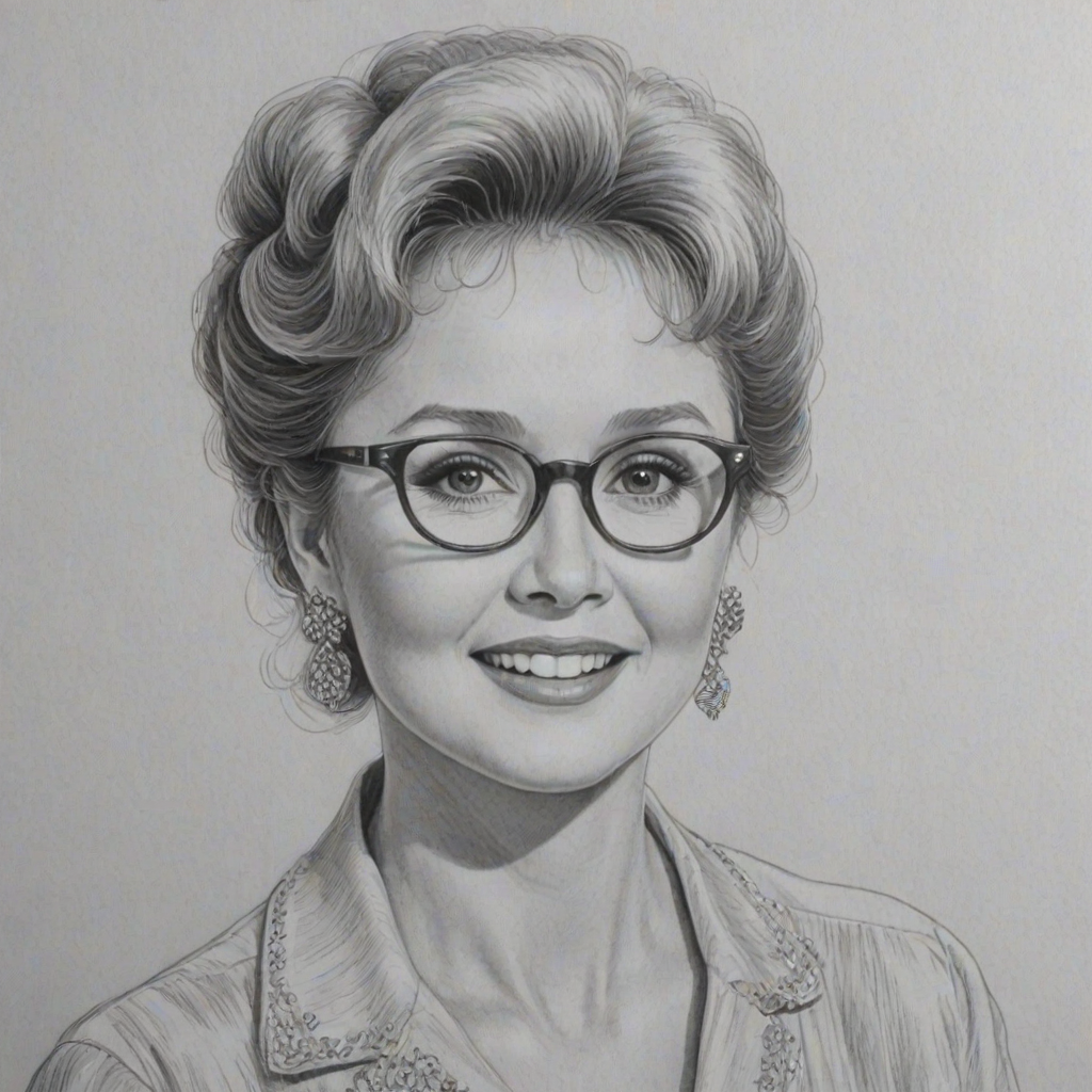 Dazzling Debbie Reynolds, pencil sketch, portrait of Graceful woman 1976s in glasses, hair style beatnik, outline, clear lines, fine lines, 8k