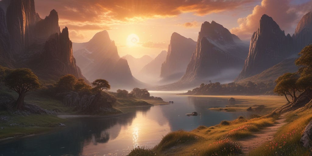 Serene Sunrise Over Majestic Mountains and Tranquil River Landscape