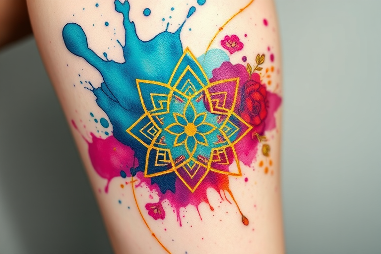 Vibrant watercolor splash tattoo "Chromatic Cascade" featuring swirling hues of teal, magenta, and gold, blending seamlessly into intricate geometric patterns and delicate floral elements