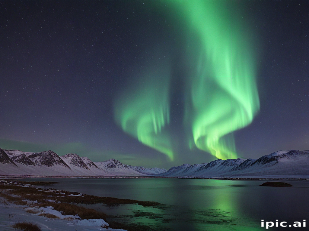 Majestic Northern Lights Dancing Over Snowy Mountains and Still Waters