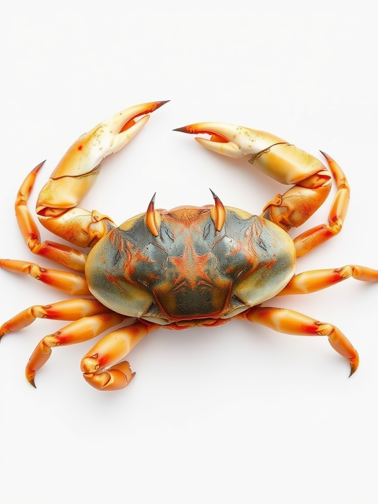 Create a detailed illustration of a crab on a white background, using a DSLR camera with a 50mm lens at f/8 aperture, ISO 100, and a shutter speed of 1/125s, focused on the crab from a top-down view to emphasize its shape and texture.