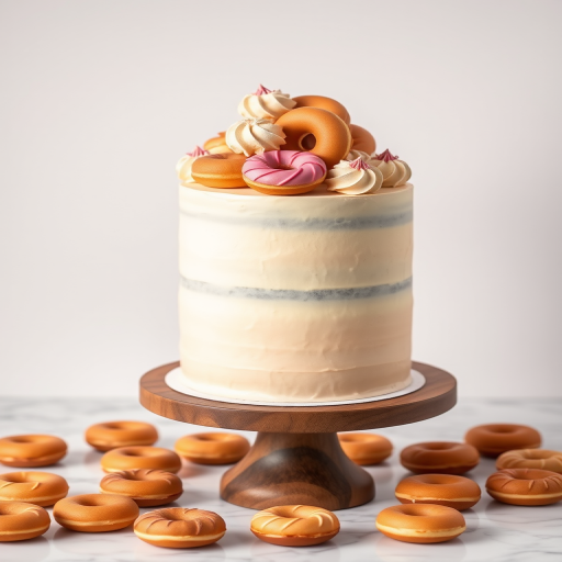 Create an image of a tall cake with smooth beige frosting topped with mini donuts and decorative swirls of frosting on a wooden cake stand surrounded by small donuts on a marble surface with a light background.