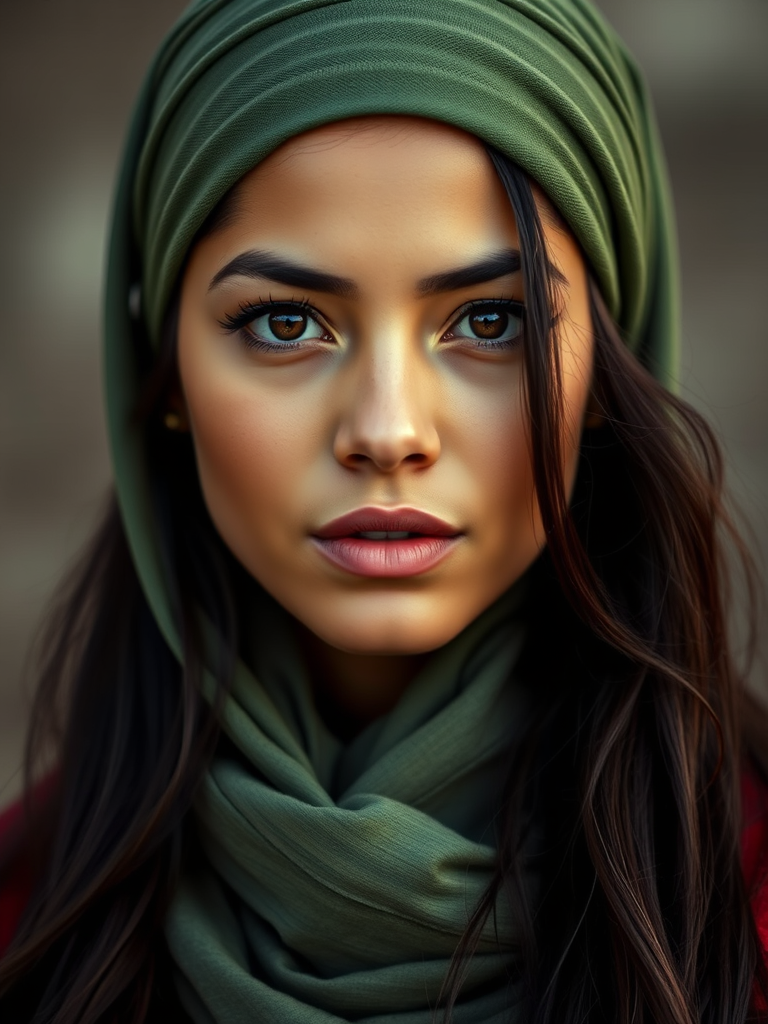 Create a portrait of a young Latino woman with long, dark hair and captivating hazel eyes. She is wearing a green headscarf and a matching scarf draped gracefully around her neck. The background is softly blurred, focusing attention on her serene and natural expression. The overall color palette is muted and warm, enhancing the intimate and authentic feel of the portrait.
