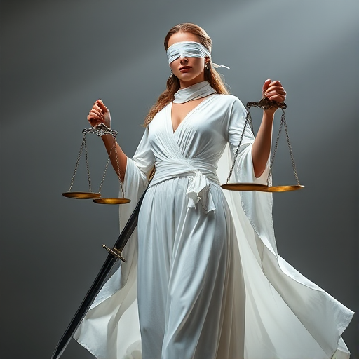 Create a high-resolution image of a blindfolded woman in a flowing white outfit, holding scales of justice and a sword, full-body shot, with soft diffused lighting, aperture f/2.8, ISO 100, 35mm lens, taken with a DSLR camera from a low angle to emphasize her stature.