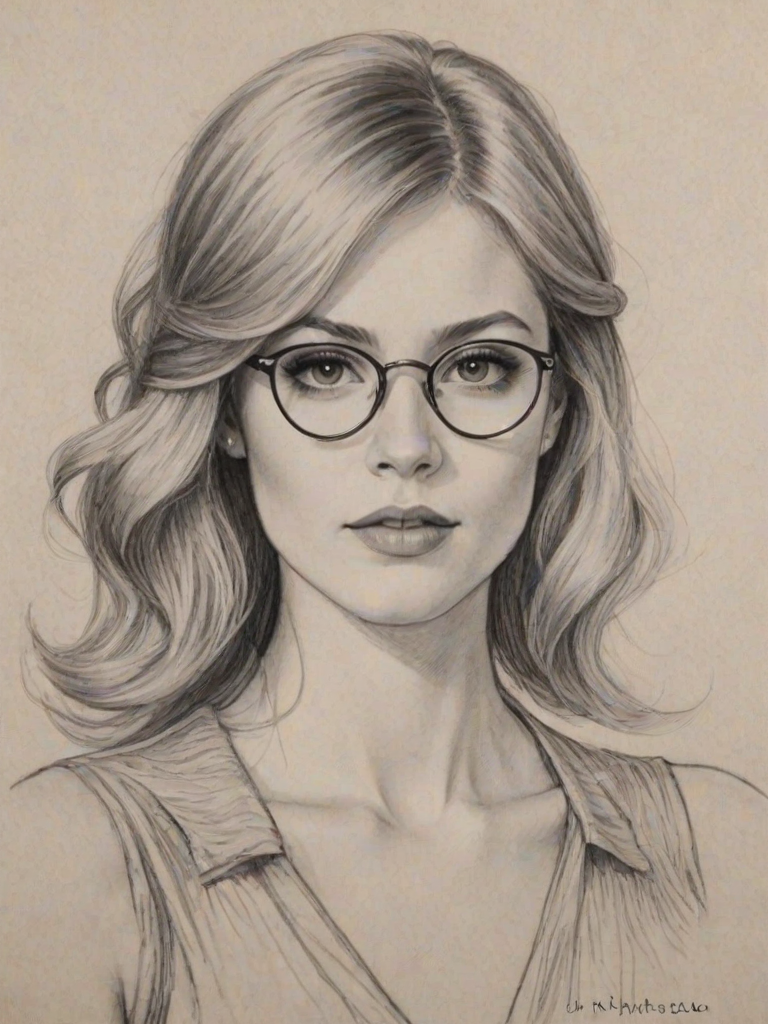 Magnificent Kat McNamara, pencil sketch, portrait of Lovely woman 1931s in glasses, hair style beatnik, outline, clear lines, fine lines, 8k