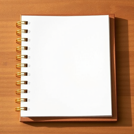 Create an image of a blank notepad with a wooden frame and golden spiral binding on the left side, photographed with a Canon EOS 5D Mark IV at f/4, ISO 100, 50mm lens, shot from a slight angle to highlight texture, using soft natural lighting for a warm feel.