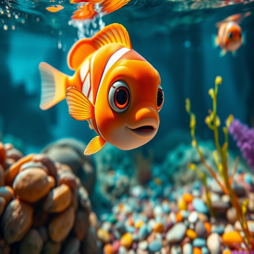 Generate a vibrant underwater scene featuring a cartoonish fish with big eyes swimming just below the water's surface, surrounded by colorful pebbles and aquatic plants, captured with a DSLR camera at f/2.8 aperture, 50mm lens, ISO 100, low angle view, soft natural lighting.