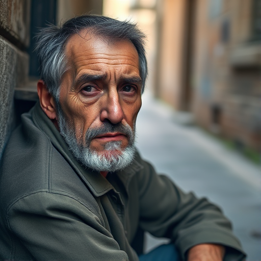 Portrait of a homeless man sitting in an alley, detailed facial features, natural lighting, shallow depth of field, 85mm lens, f/1.8 aperture, ISO 200, soft bokeh background, captured with a full-frame DSLR.
