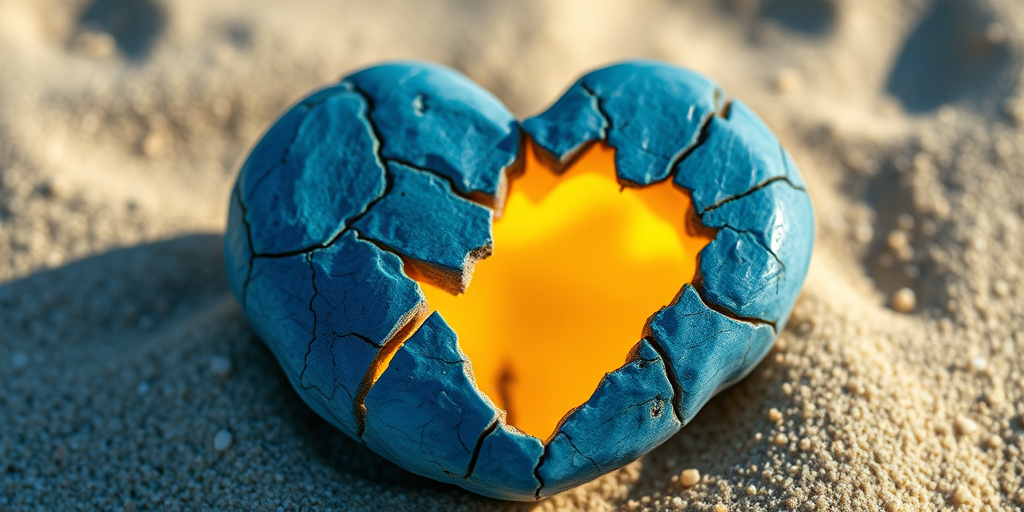 Create an image of a blue heart-shaped stone with cracks revealing a glowing yellow core, set against a soft-focus sandy background, captured with a Canon EOS R5, 50mm lens, f/2.8 aperture, 1/125 sec shutter speed, and natural lighting to enhance texture and detail.