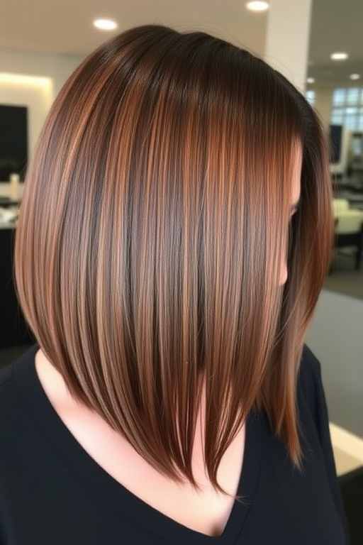 Luxurious chestnut brown hair in a sleek inverted bob, crafted by Coco Mahogany, exhibiting a mirror-like shine and subtle cinnamon-toned balayage for added dimension