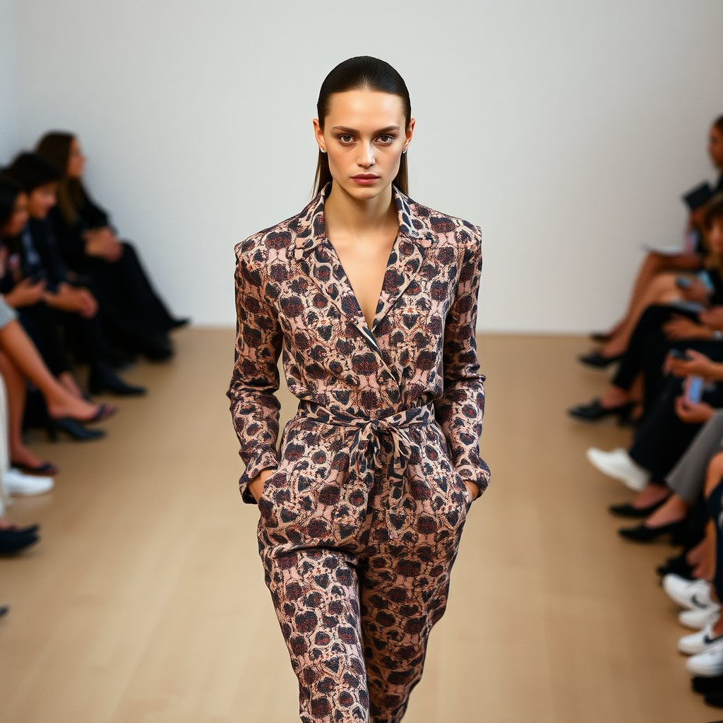 Capture the model from a high angle, emphasizing the outfit’s pattern and silhouette. Use a 35mm prime lens to maintain sharpness and minimize distortion