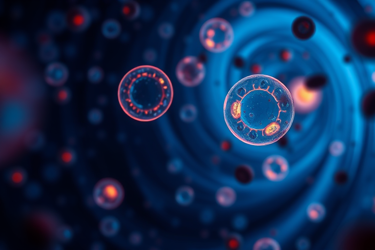 microscopic view of various cells in a swirling, dark blue background, with a focus on luminous, glowing outlines of cells, taken with a Canon EOS R5, 50mm lens, f/1.8, ISO 200, with a shallow depth of field for enhanced detail and clarity in a studio lighting environment