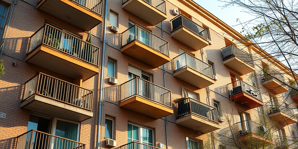 urban apartment building exterior with multiple balconies, afternoon sunlight, focus on architectural details, ISO 200, f/5.6, 1/250 sec, wide-angle lens, shot from a low angle, DSLR camera, natural colors and contrast.
