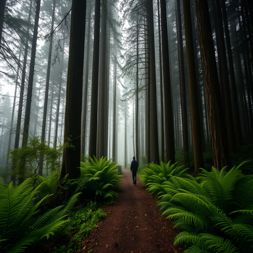 Create a serene forest scene with tall, misty trees and a lone figure walking on a path surrounded by lush ferns, using a Canon EOS R5, 24mm lens, aperture f/2.8, ISO 100, shutter speed 1/125 sec, soft focus to enhance depth and atmosphere.