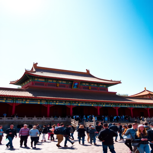 Capture a wide-angle view of the Forbidden City in Beijing under a bright blue sky, using a DSLR camera with a 24mm lens, aperture set to f/8 for sharpness, ISO 100 for clarity, and a shutter speed of 1/200s to freeze the bustling activity of tourists in the foreground.