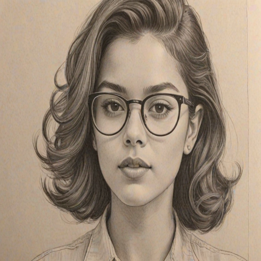 Wonderful Isabela Moner, pencil sketch, portrait of Appealing woman 1951s in glasses, hair style beatnik, outline, clear lines, fine lines, 8k